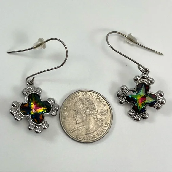 Bold Cross Multiple Colors Swarovski Crystal Long Dangle Earrings Hook Setting